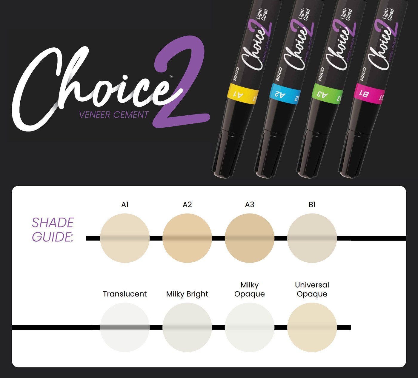 저희가 쓰는 라미네이트 접착제 초이스2(Choice 2) 중 6가지 색을 준비해 두고, 붙이는 날 미리 대 보고 고릅니다. (이미지: BISCO Choice 2 브로셔)